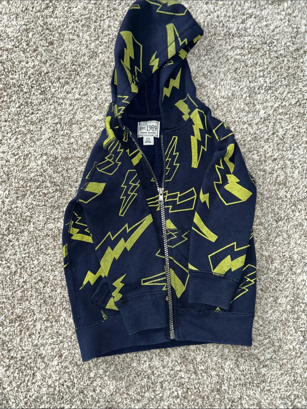 Children’s Place Navy Zip-Up Hoodie with Lime Lightning Pattern